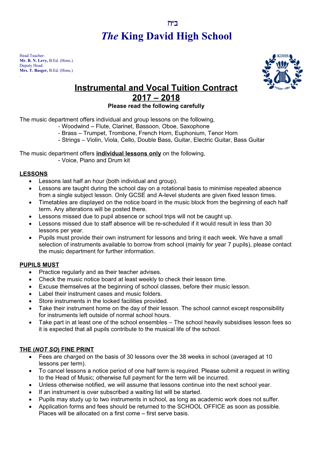 Instrumental and Vocal Tuition Contract