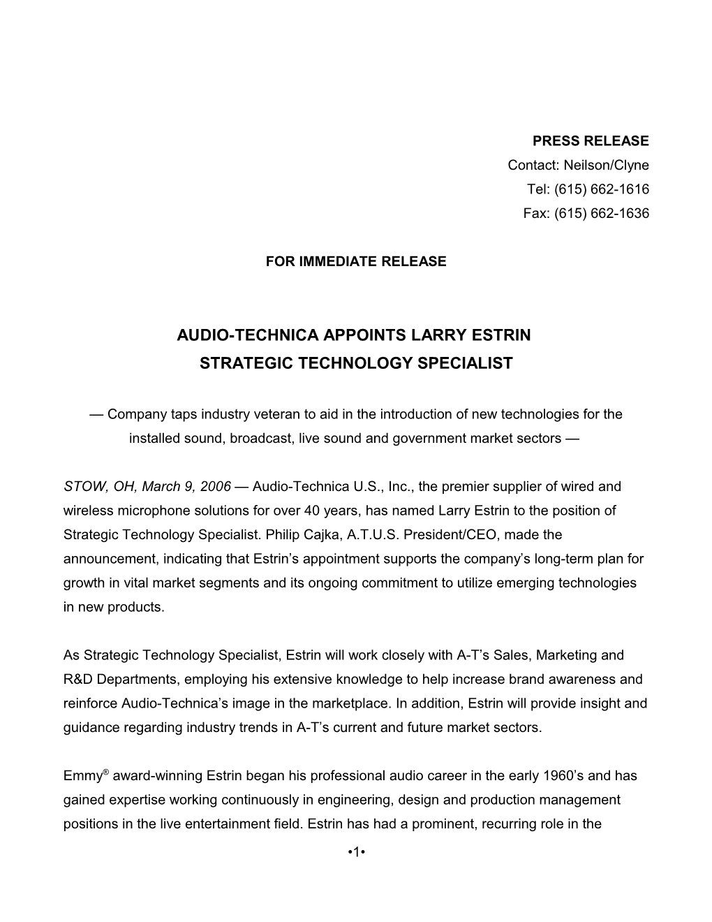 Audio-Technica Appoints Larry Estrin
