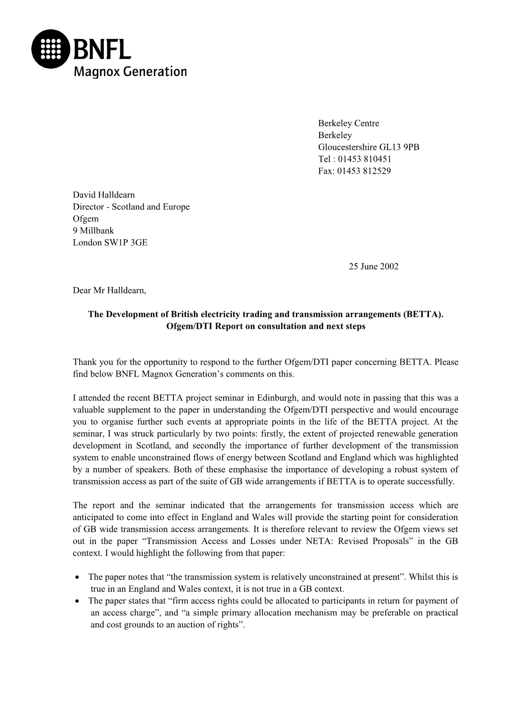 BNFL Magnox Generation - the Development of British Electricity Trading and Transmission