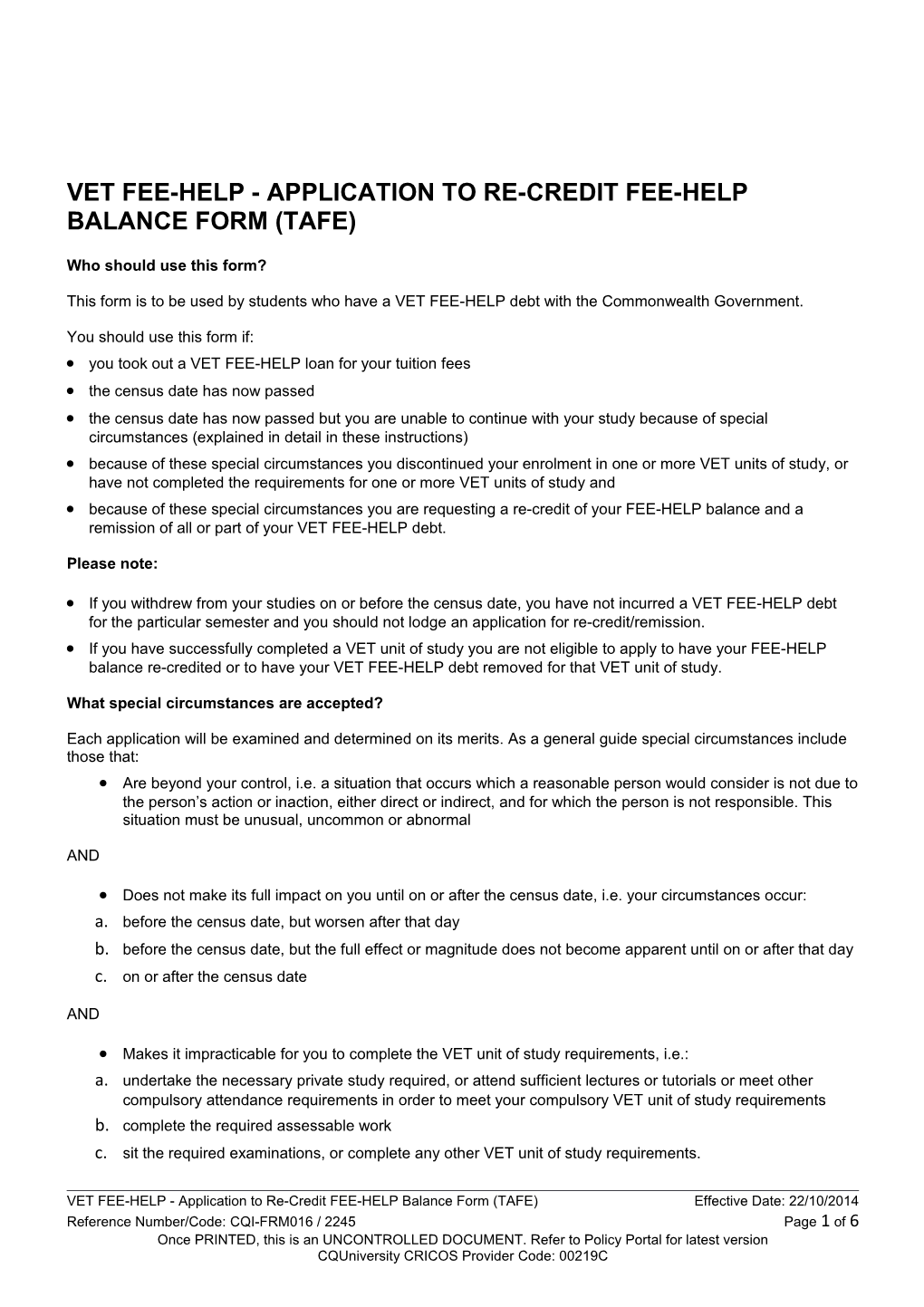 Vet Fee-Help - Application to Re-Credit Fee-Help Balance Form (Tafe)