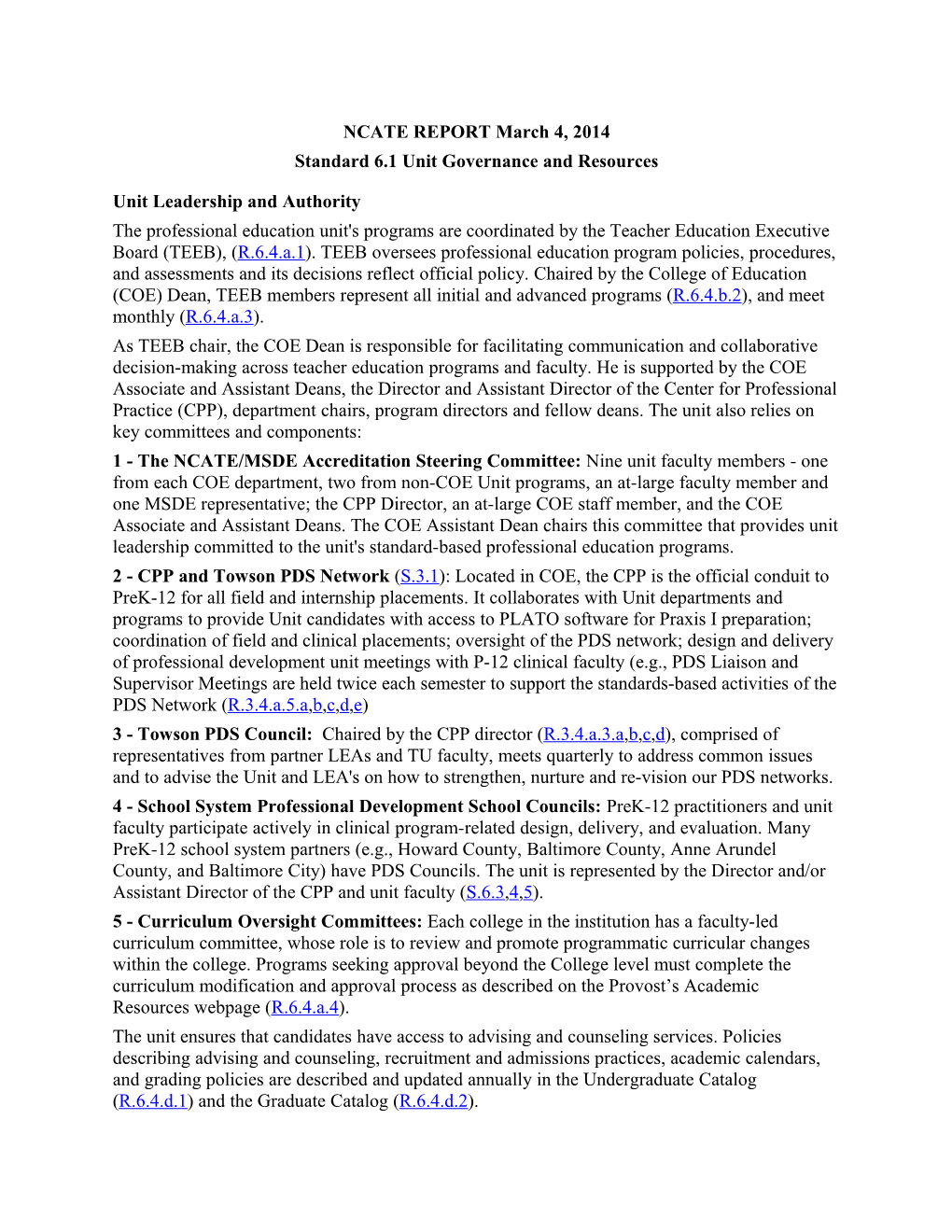 Standard 6.1 Unit Governance and Resources