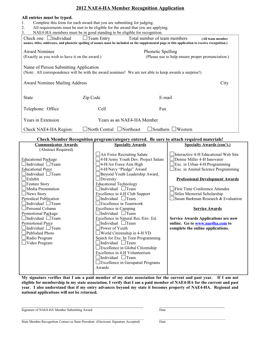 2007 NAE4-HA Member Recognition Application