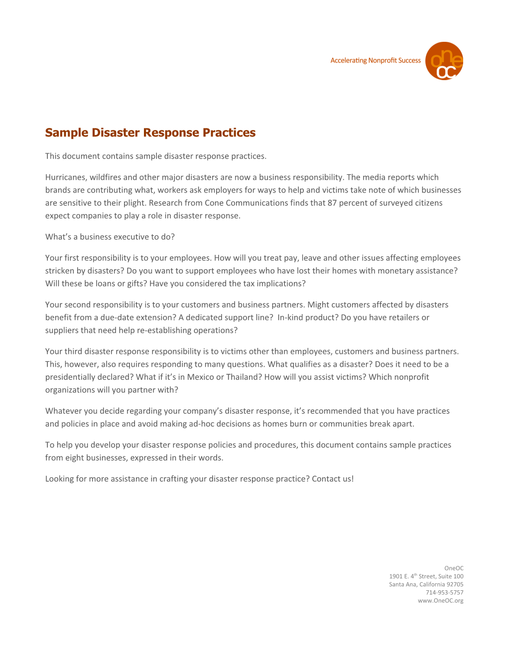 Sample Disaster Response Practices