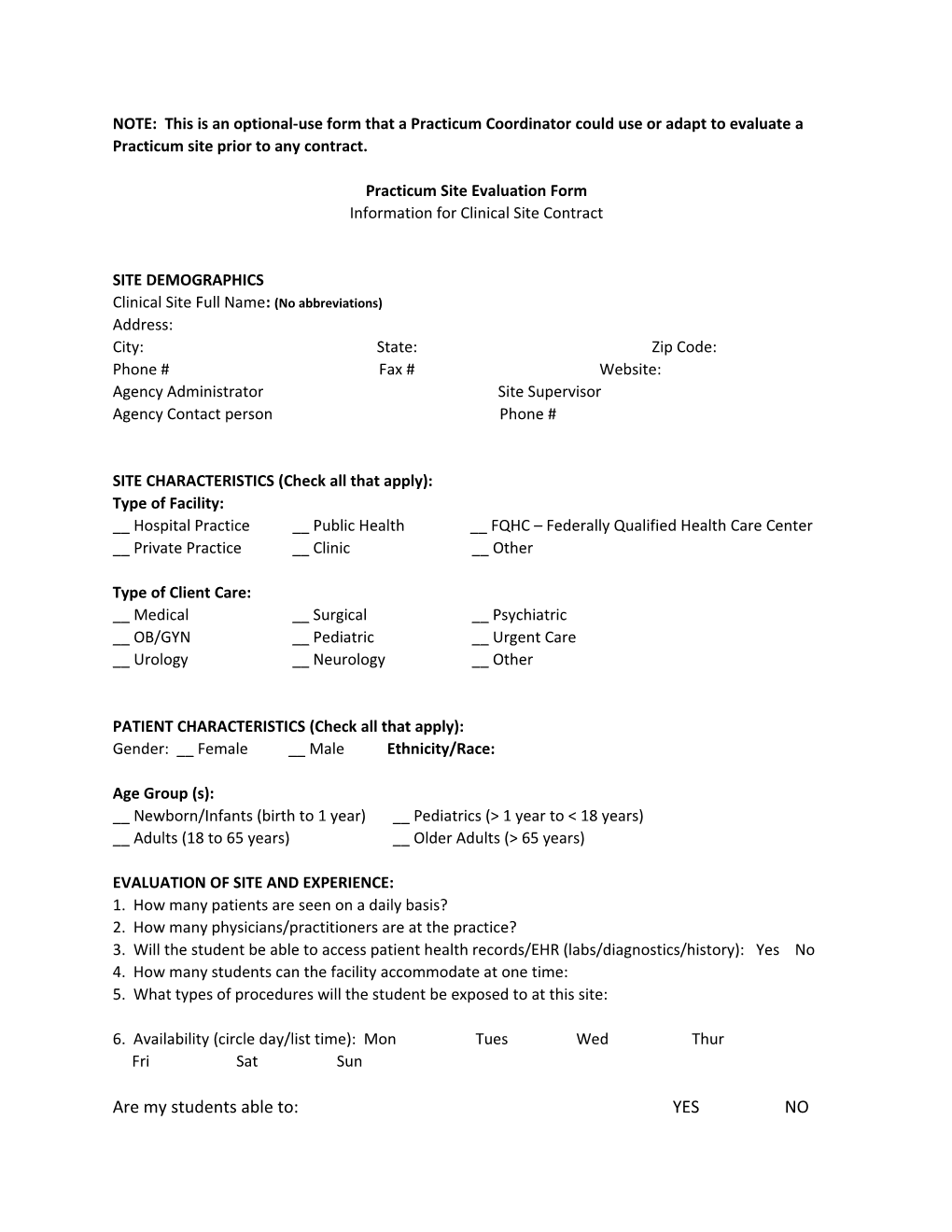 Practicum Site Evaluation Form