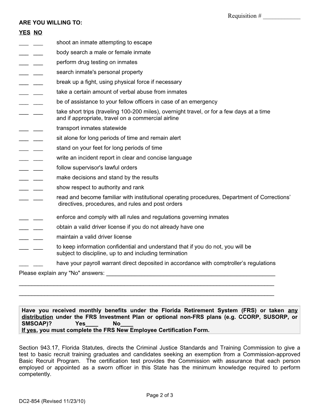 DC2-854 Correctional Officer Willingness Questionnaire (Revised 11/23/10)