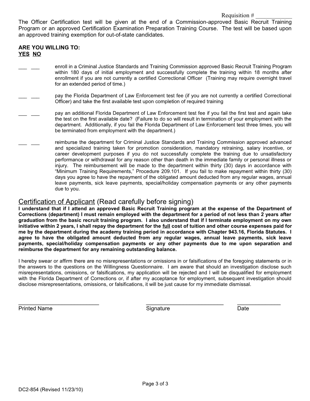 DC2-854 Correctional Officer Willingness Questionnaire (Revised 11/23/10)