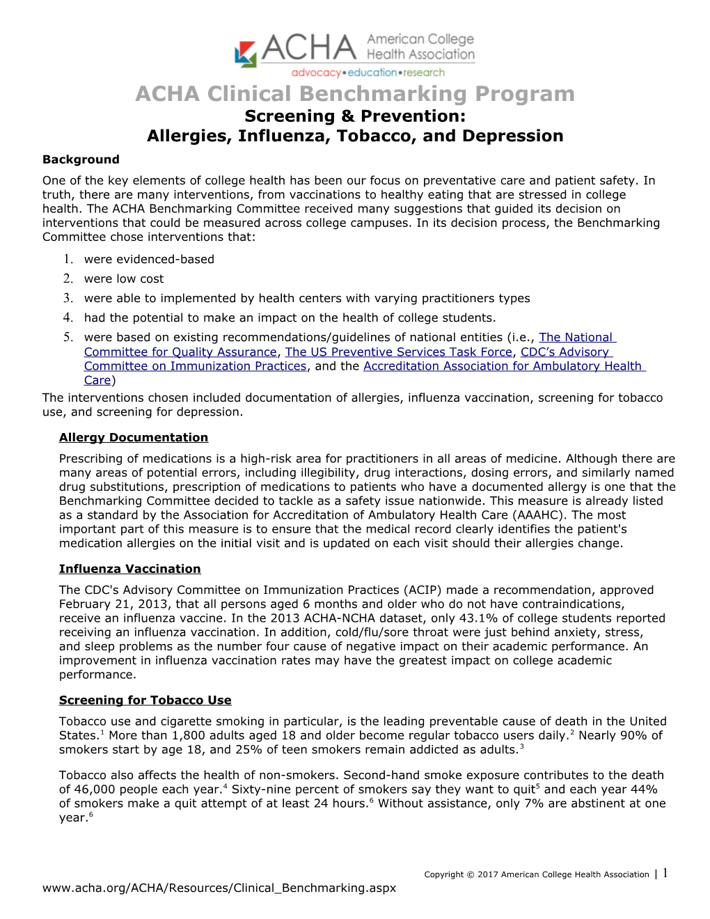 ACHA Clinical Benchmarking Program