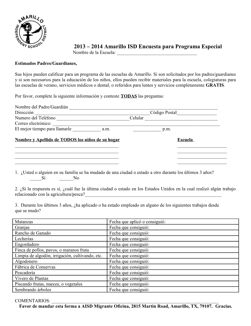 2013 2014 Amarillo ISD Special Program Survey