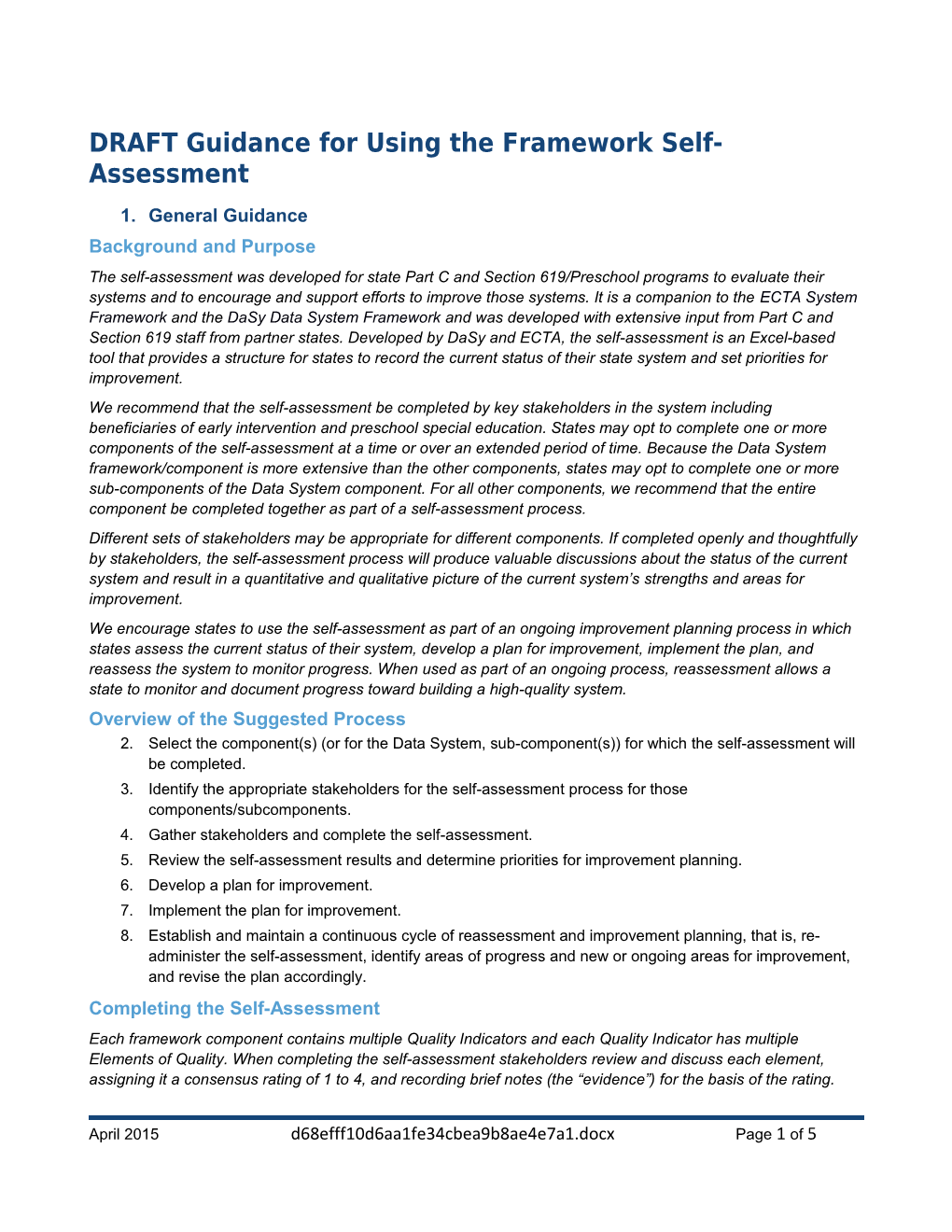 DRAFT Guidance for Using the Framework Self-Assessment