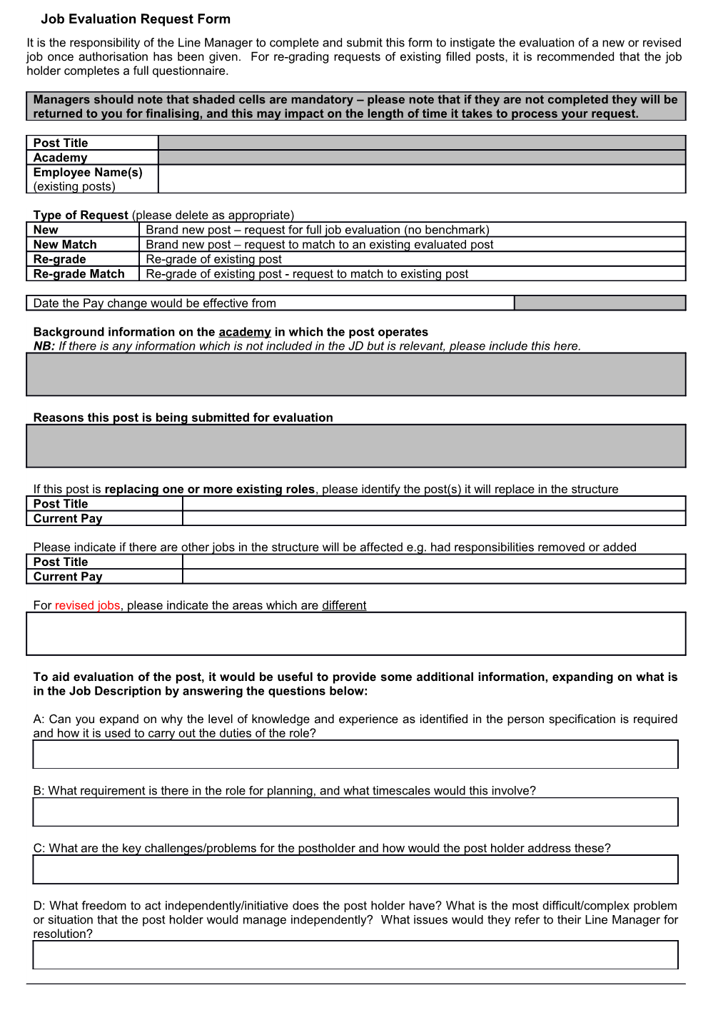 Job Evaluation Request Form