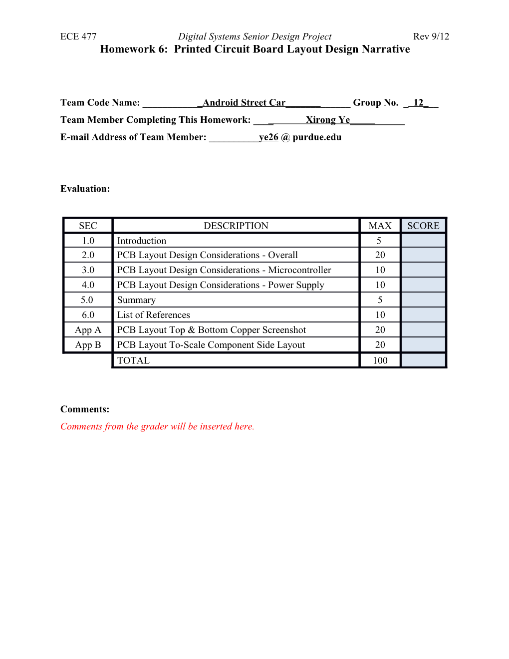 Homework 6: Printed Circuit Board Layout Design Narrative