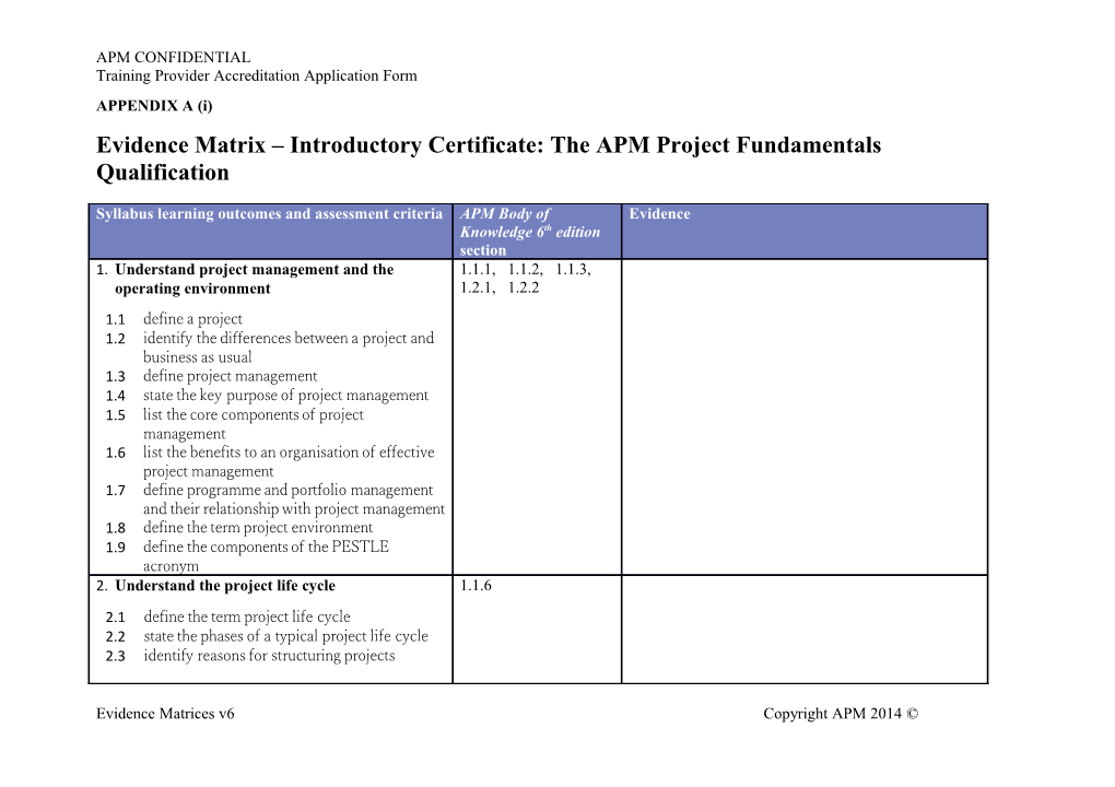 Evidence Matrix Introductory Certificate: the APM Project Fundamentals Qualification