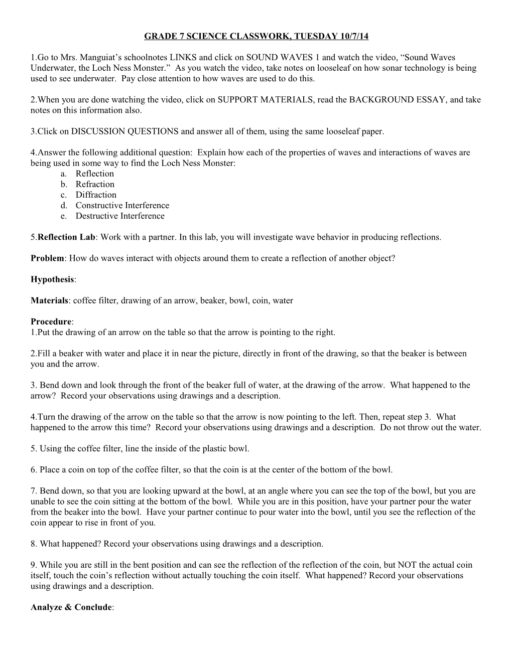 Grade 7 Science Classwork, Tuesday 10/7/14