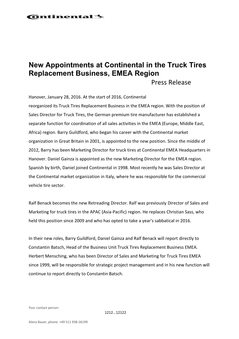 New Appointments at Continental in the Truck Tires Replacement Business, EMEA Region