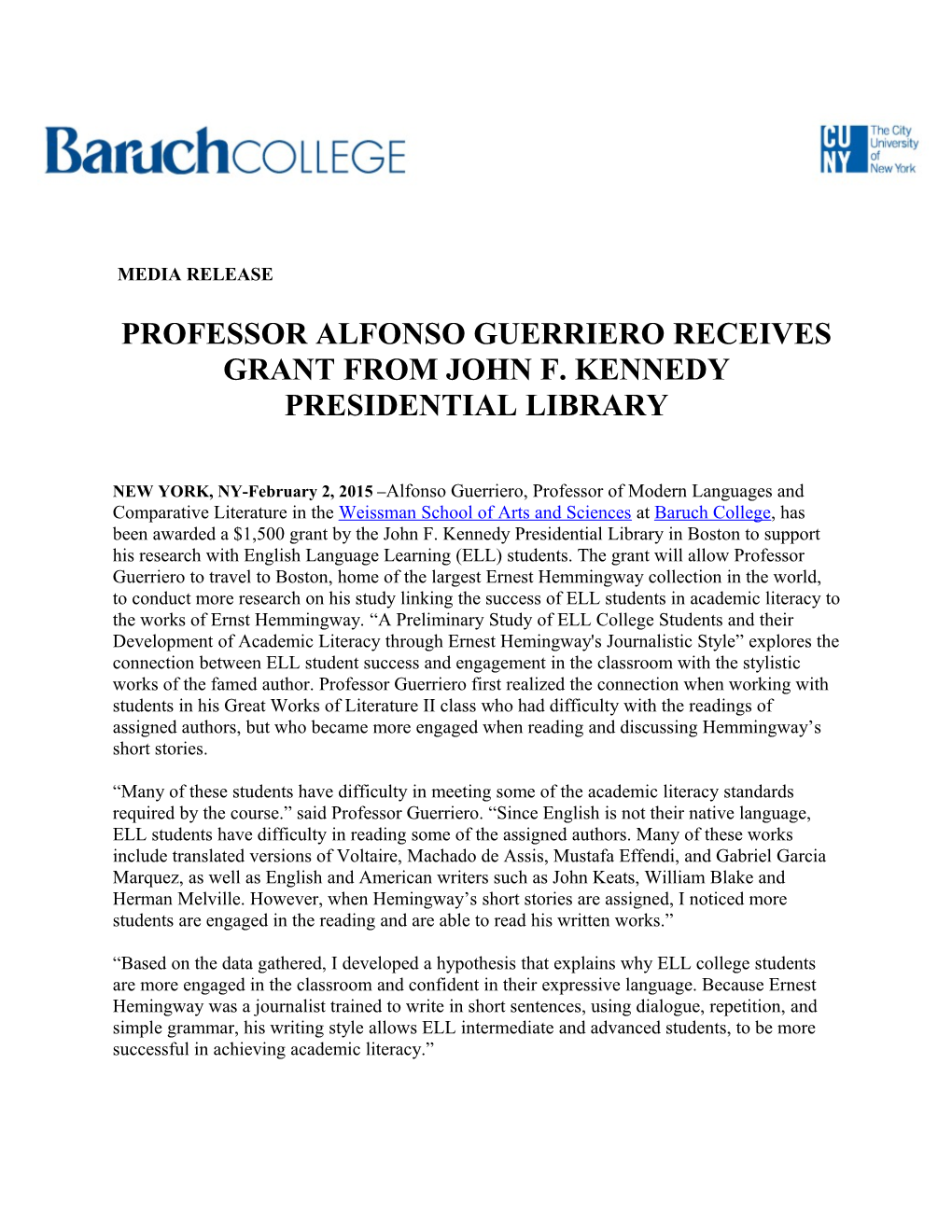 Professor Alfonso Guerriero Receives Grant from John F. Kennedy Presidential Library