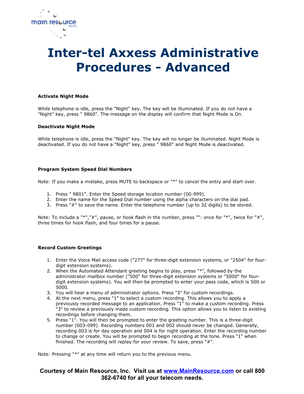 Inter-Tel Axxess Administrative Procedures - Advanced