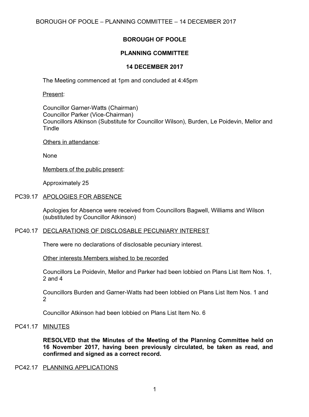Borough of Poole Planning Committee 14 December 2017