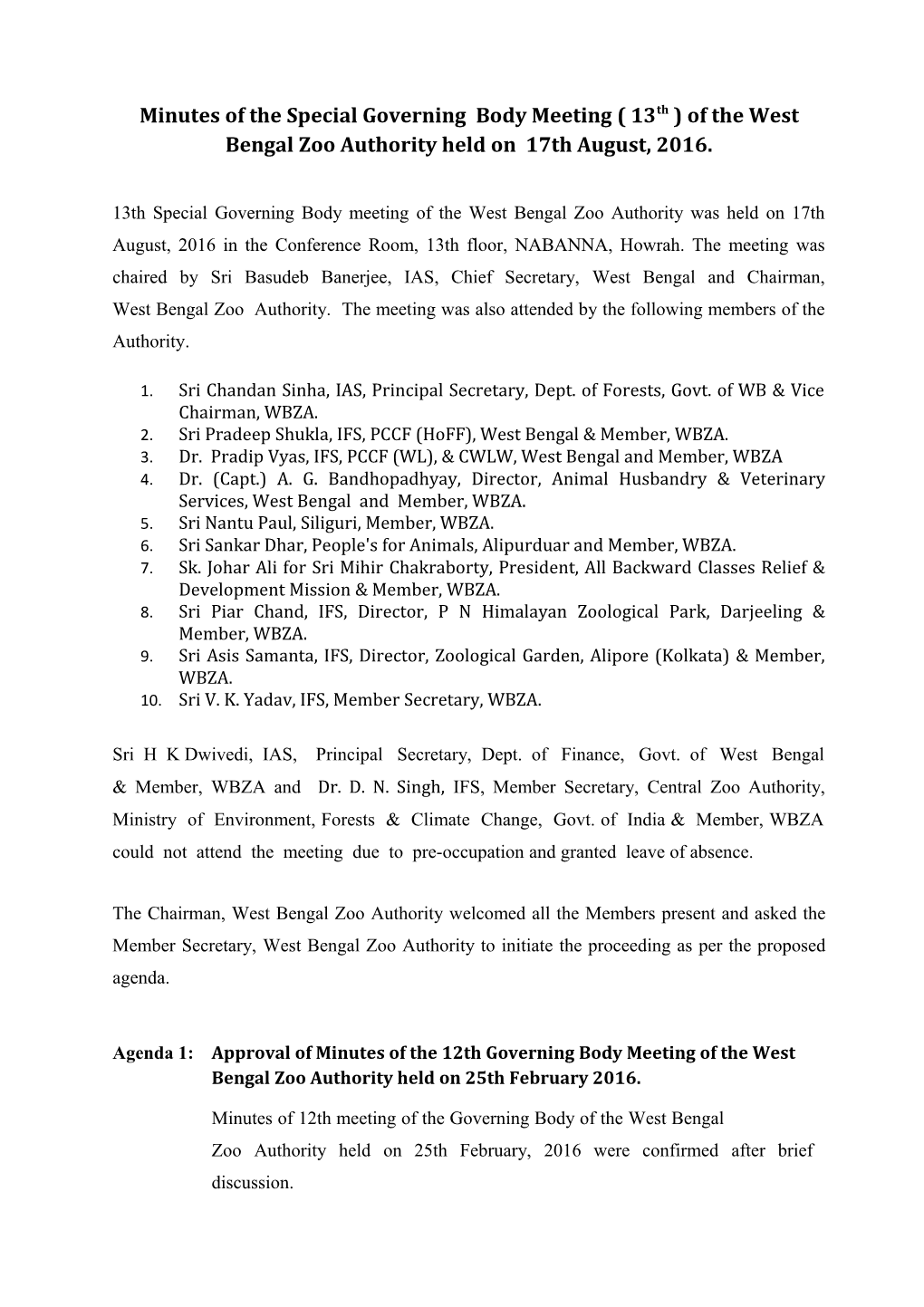 Minutes of the Special Governing Body Meeting ( 13Th ) of the West Bengal Zoo Authority