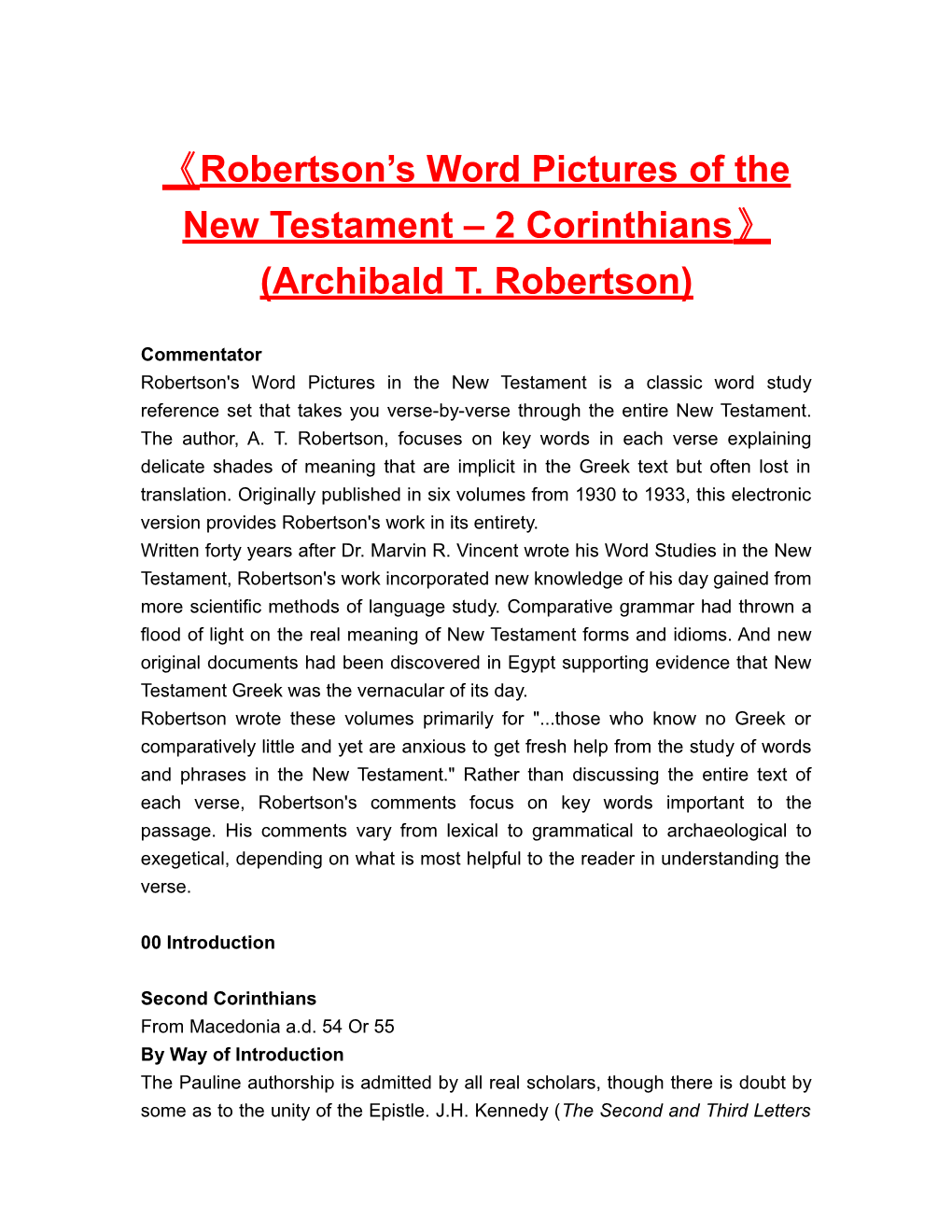 Robertson Sword Pictures of the New Testament 2 Corinthians (Archibald T. Robertson)