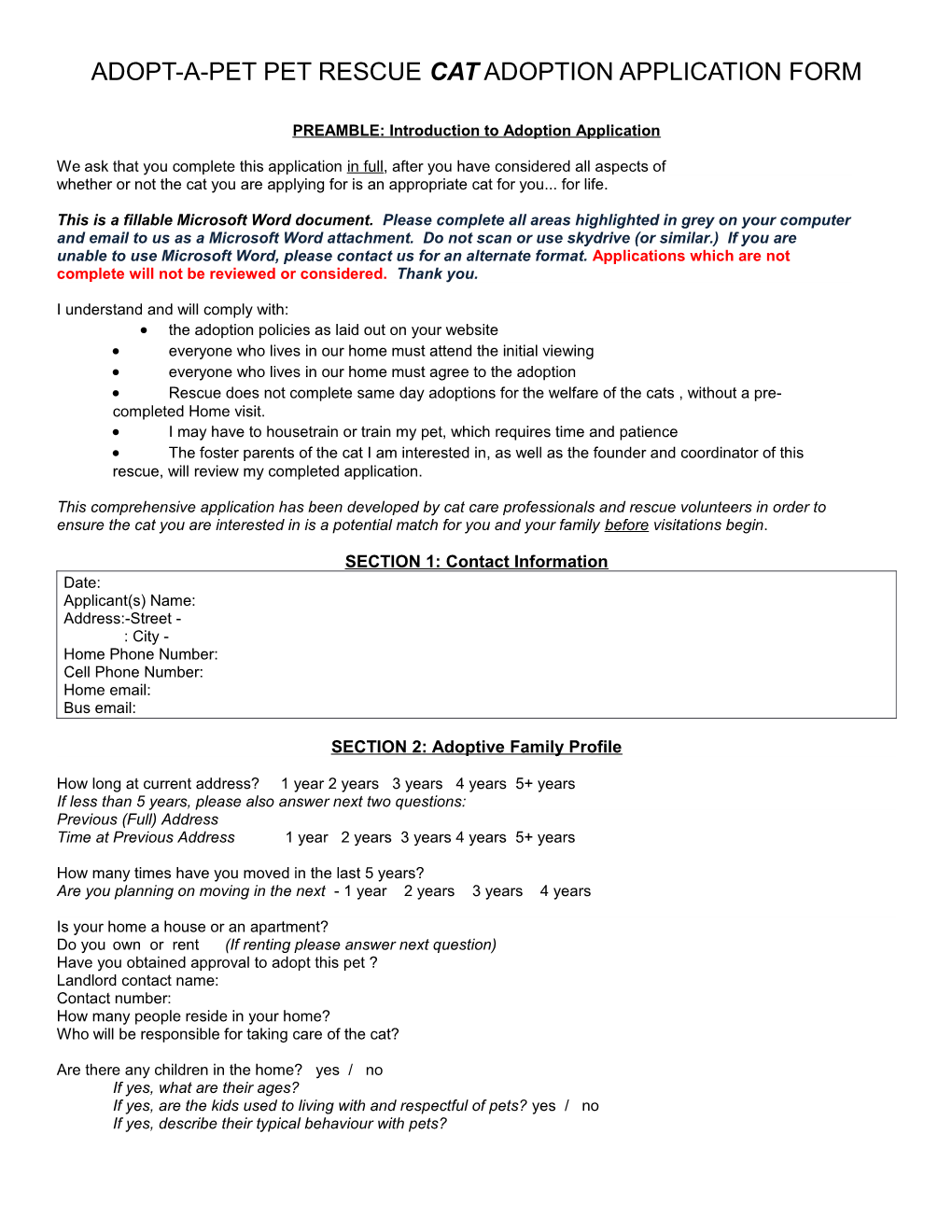 Adopt-A-Pet Pet Rescue Cat Adoption Application Form