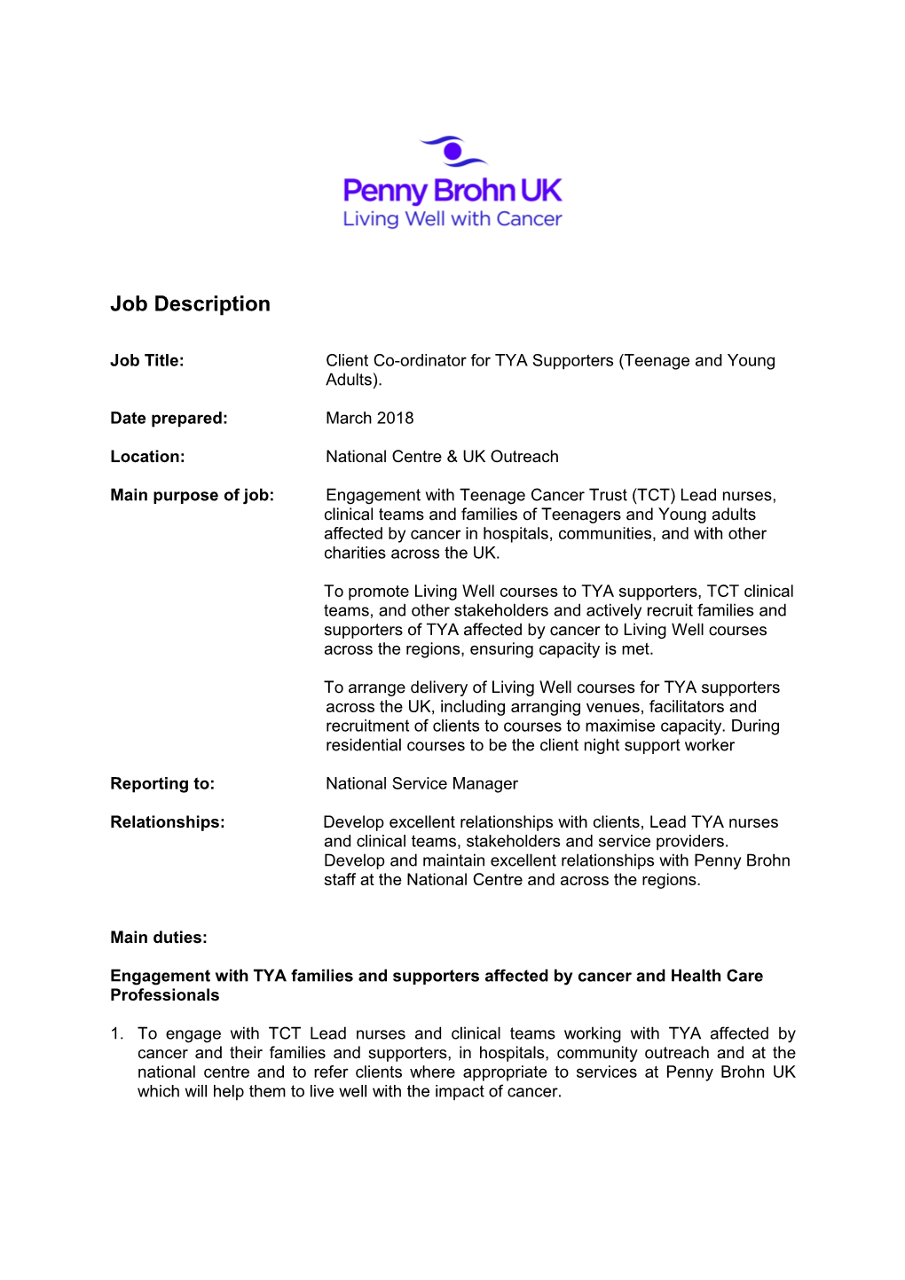 Job Title: Client Co-Ordinator for TYA Supporters (Teenage and Young Adults)