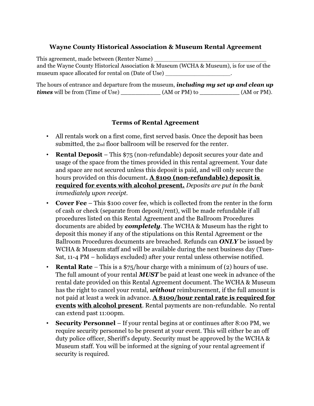 Wayne County Historical Association & Museum Rental Agreement