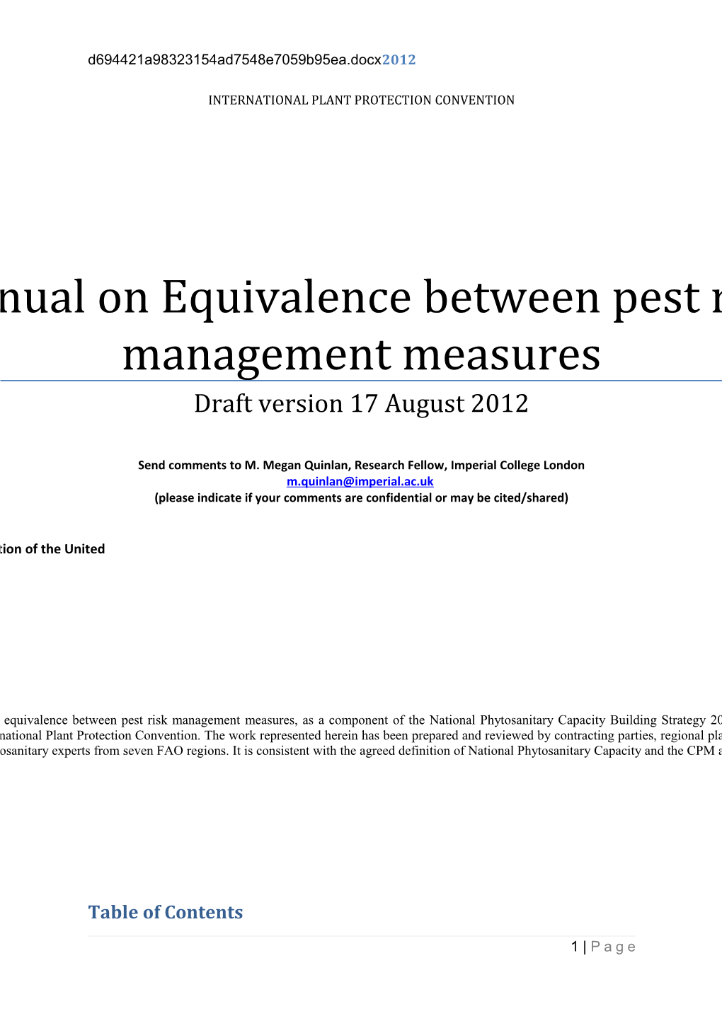 Manual on Equivalence Between Pest Risk Management Measures