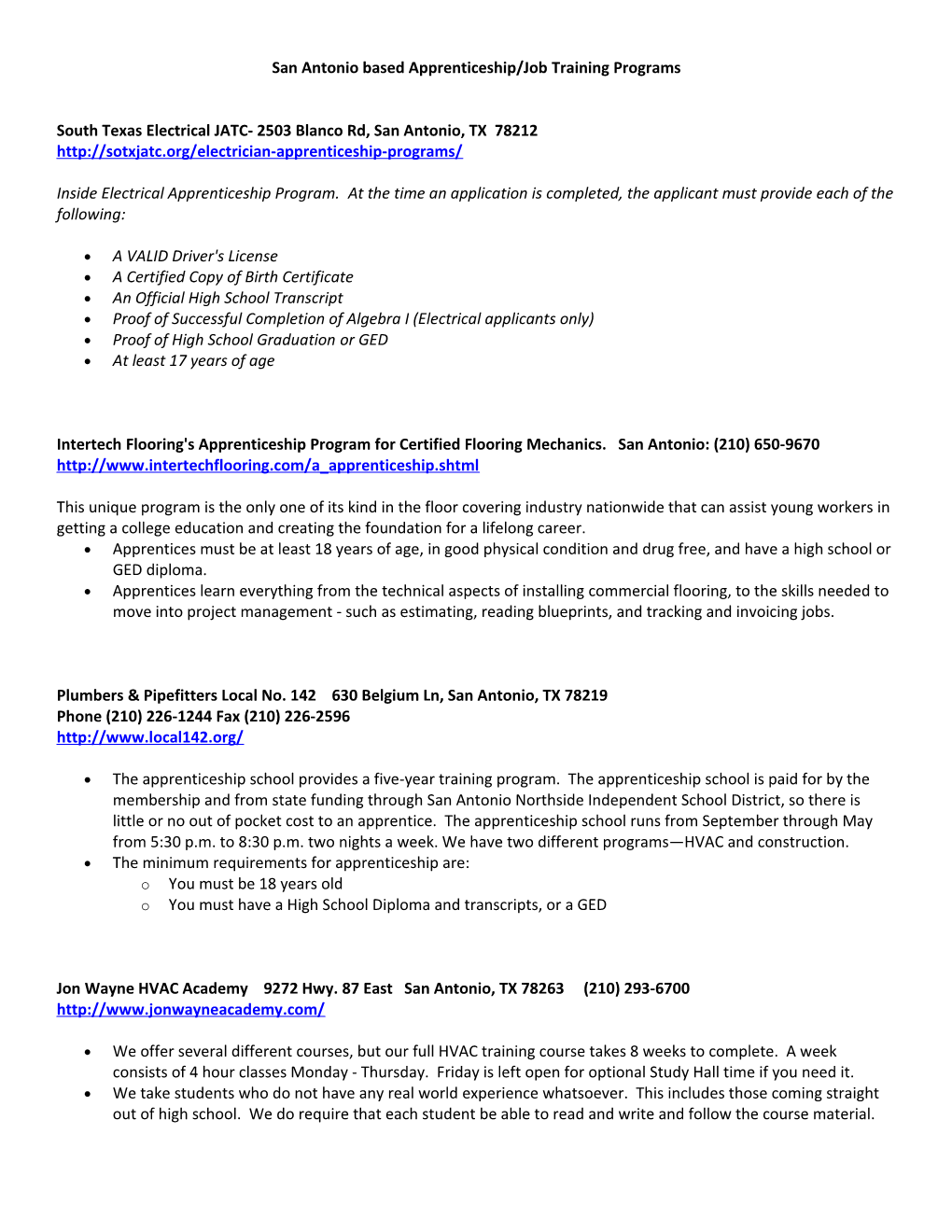 San Antonio Based Apprenticeship/Job Training Programs