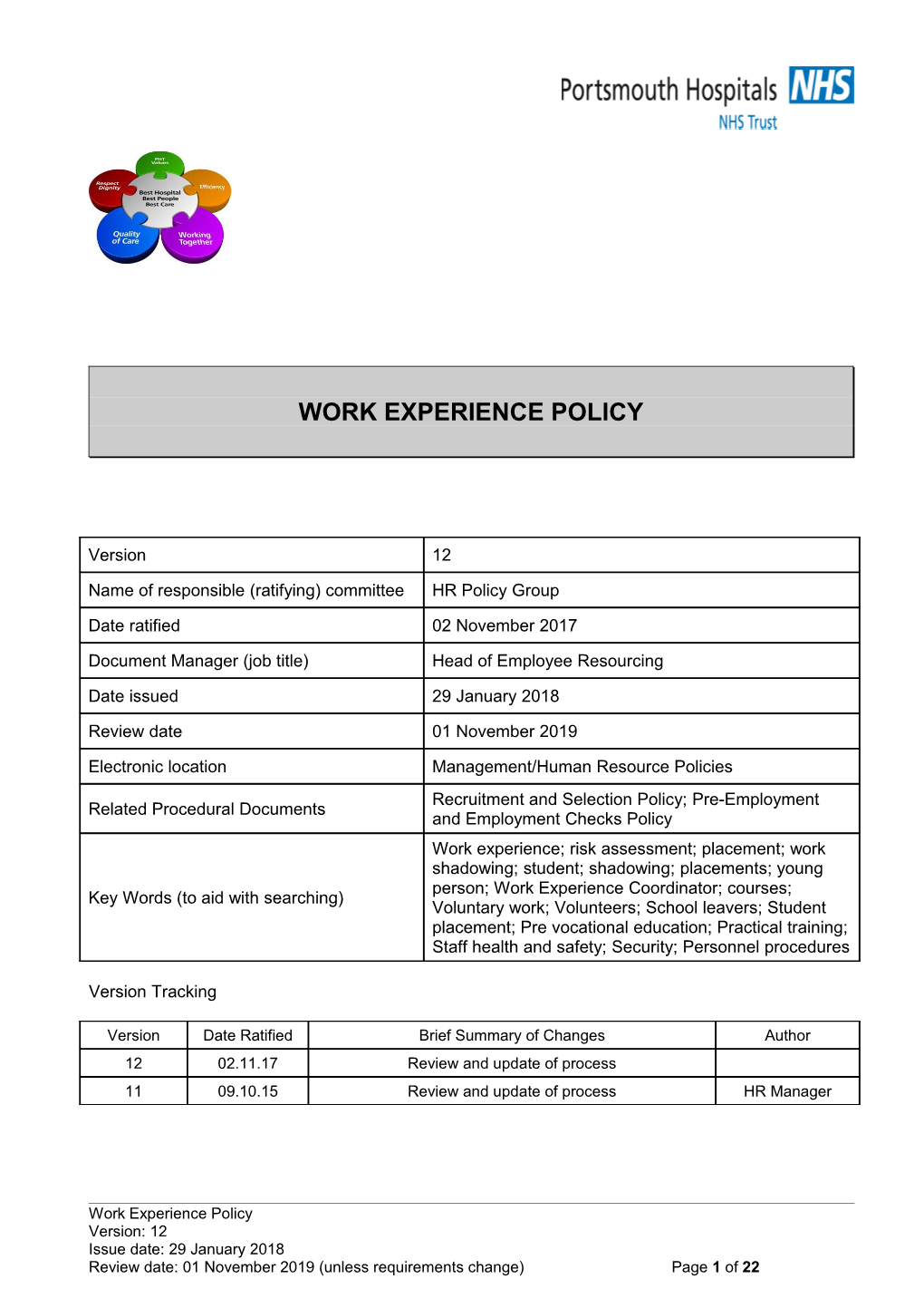 PHT Work Experience Policy