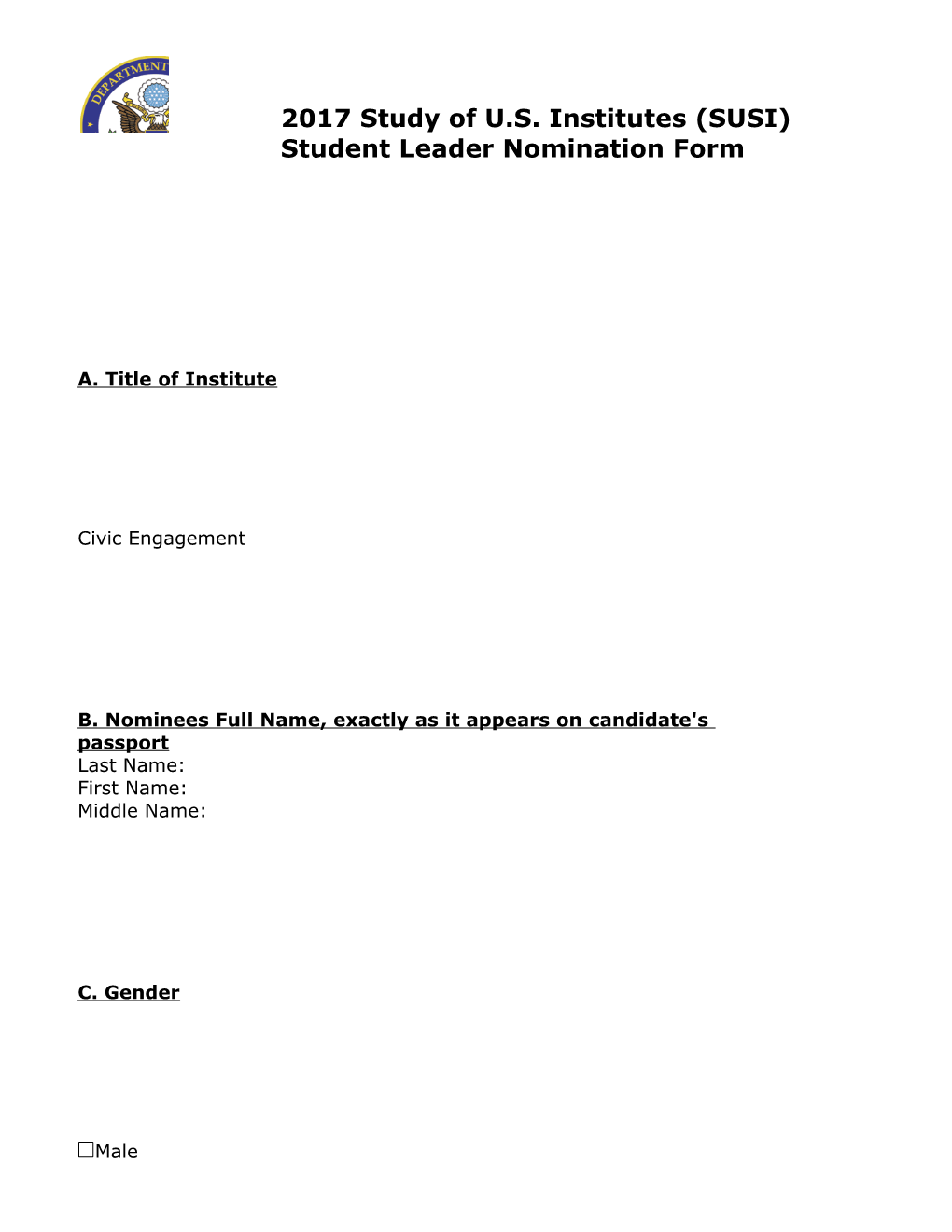 2017Study of U.S. Institutes (SUSI) Student Leader Nomination Form