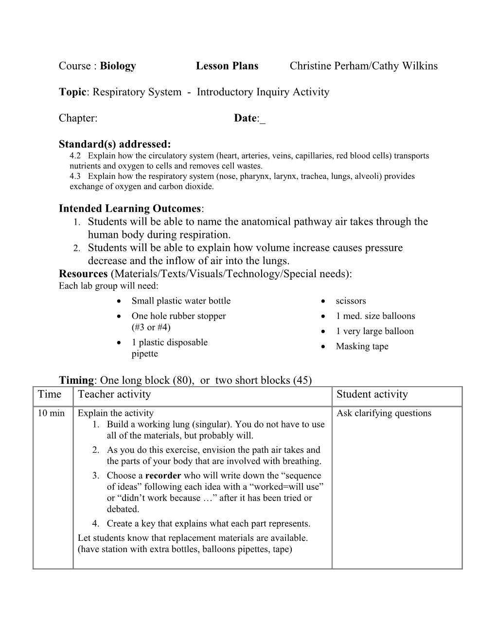 Course : Biology Lesson Plans Christine Perham/Cathy Wilkins