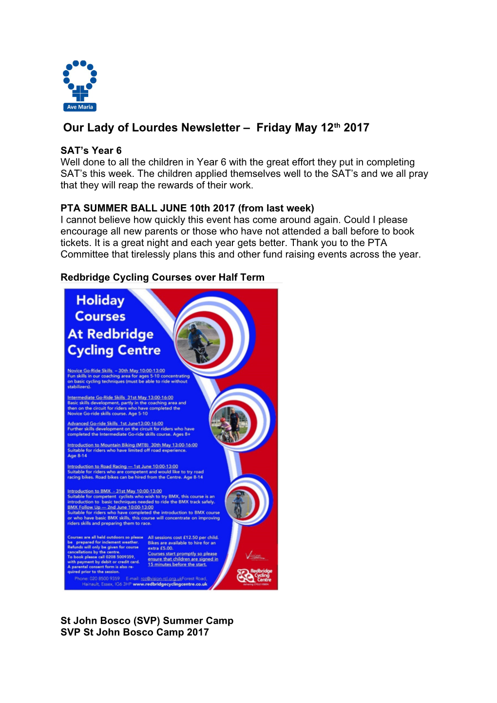 Our Lady of Lourdes Newsletter Fridaymay 12Th 2017