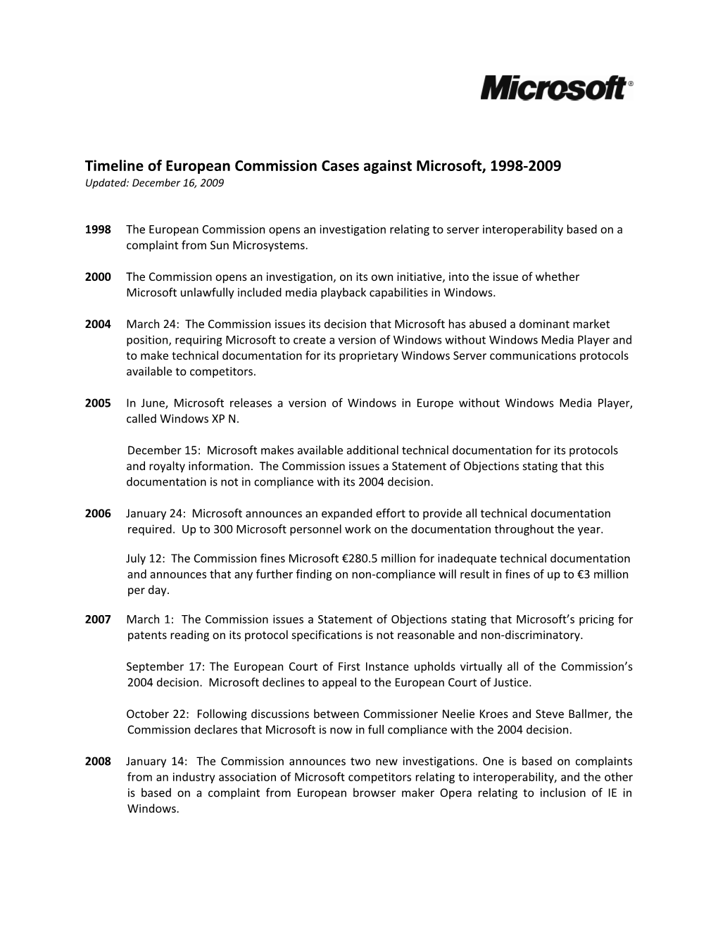 Timeline of European Commission Cases Against Microsoft, 1998-2009