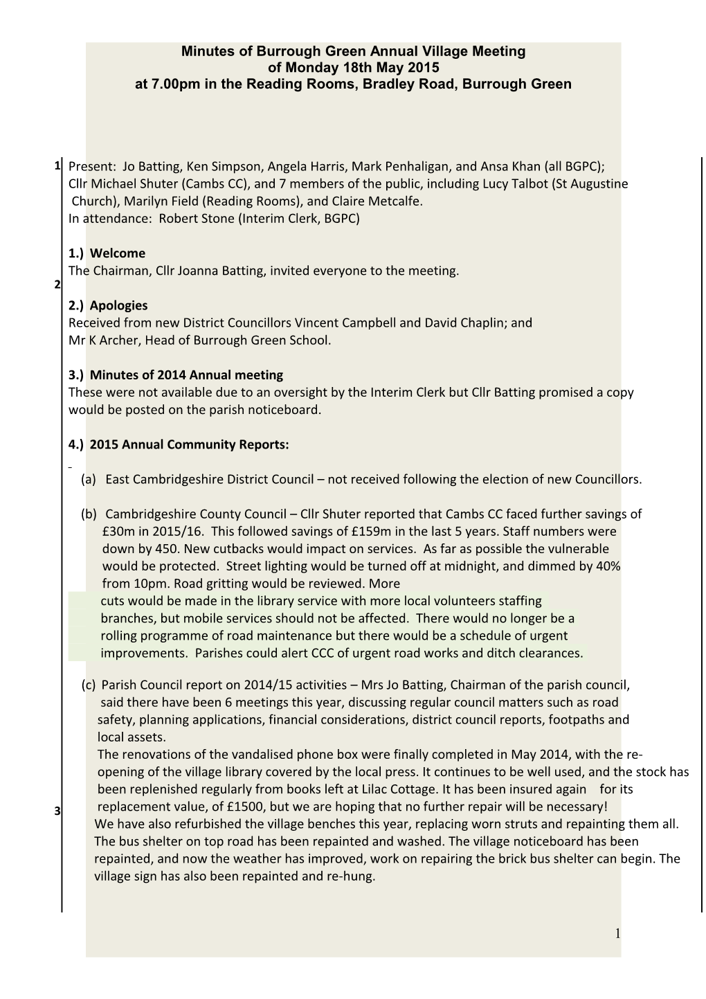 Minutes of Burrough Green Annual Village Meeting