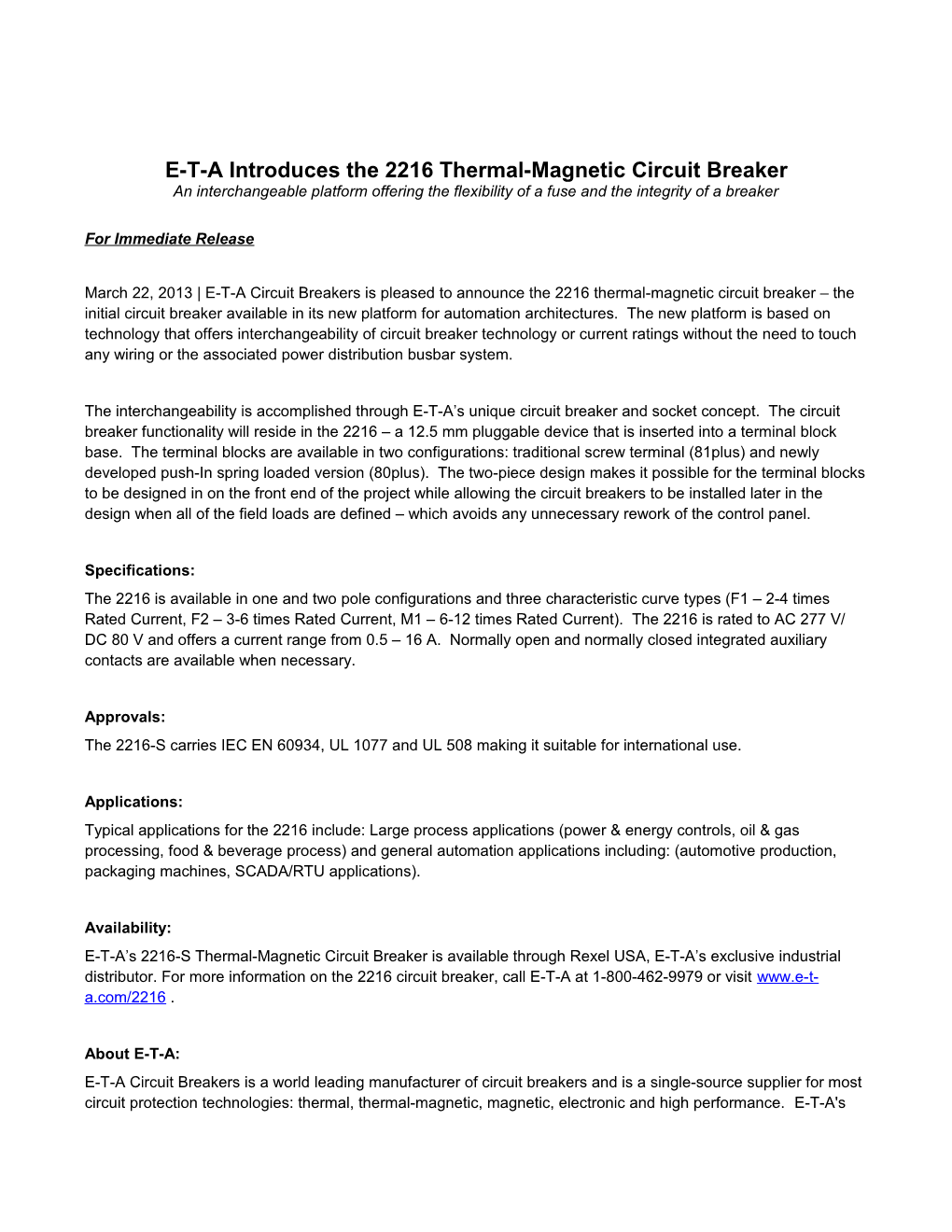 E-T-A Introduces the 2216 Thermal-Magnetic Circuit Breaker