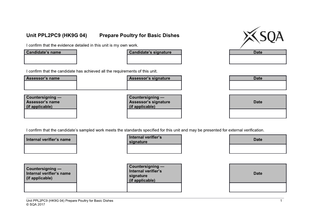Unit PPL2PC9 (HK9G 04)Prepare Poultry for Basic Dishes