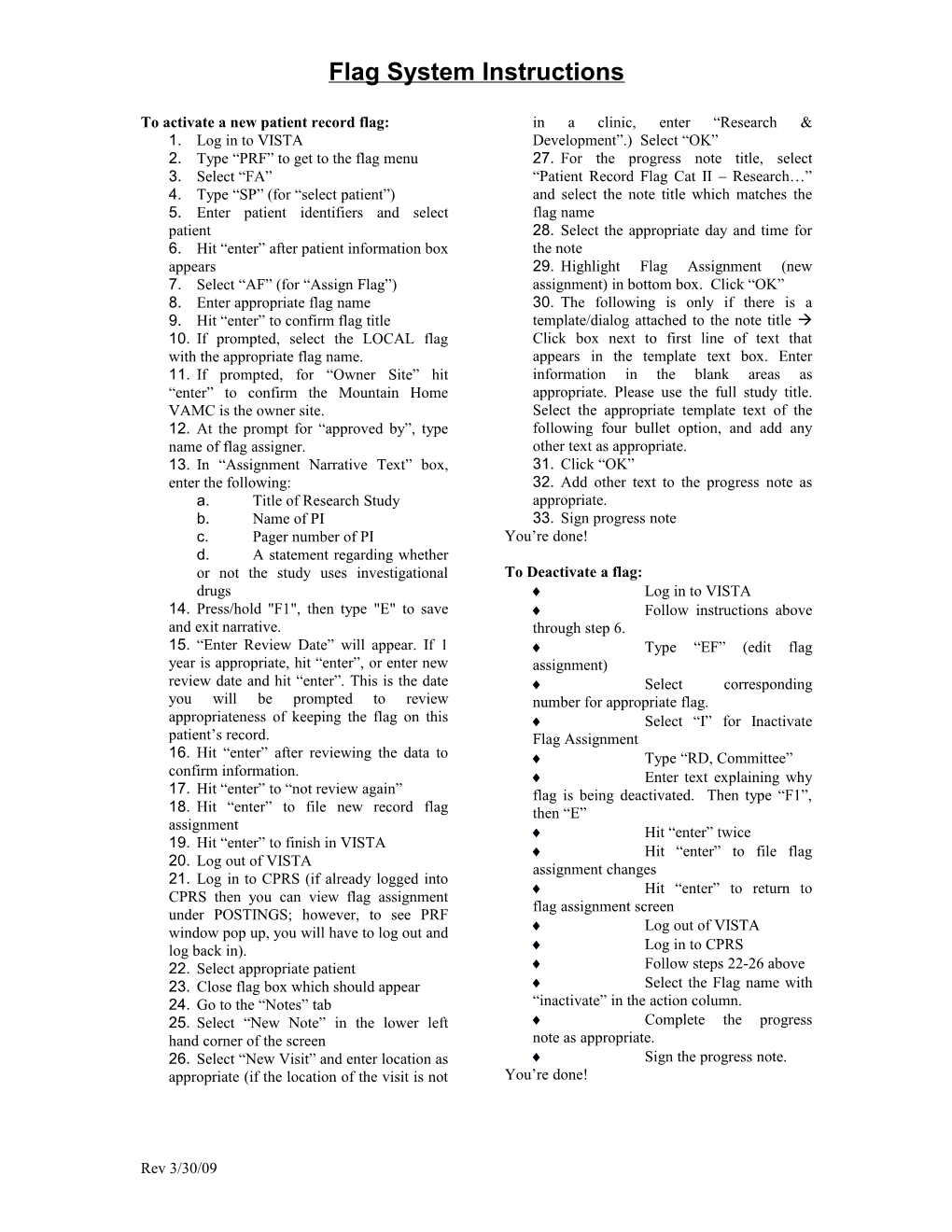 Flag System Instructions (Portland VA Medical Center)