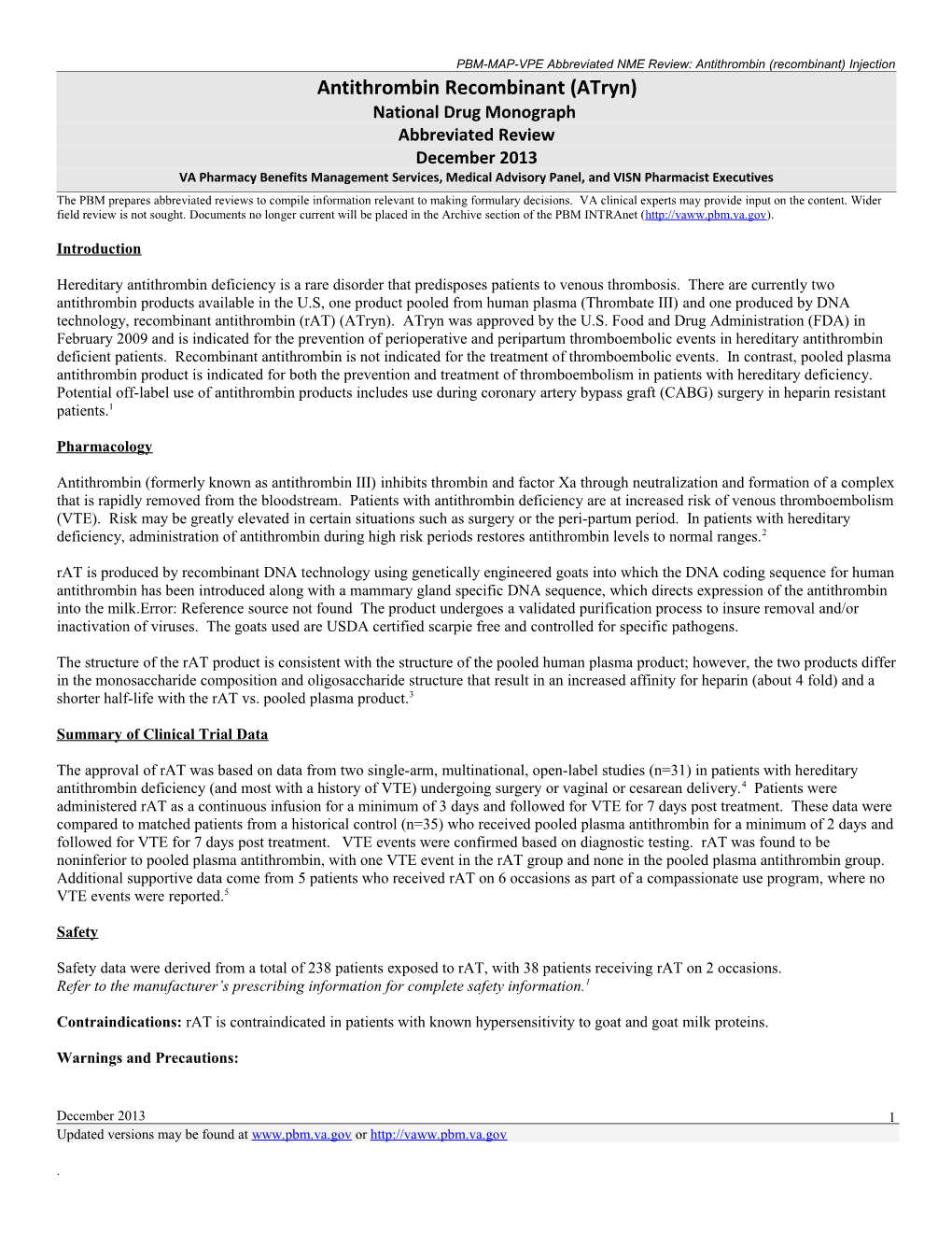 Antithrombin Recombinant (Atryn) Abbreviated Drug Monograph