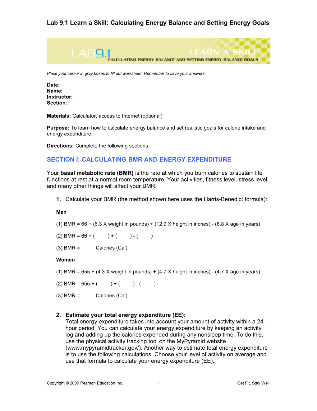 Lab 9.1 Learn a Skill: Calculating Energy Balance and Setting Energy Goals