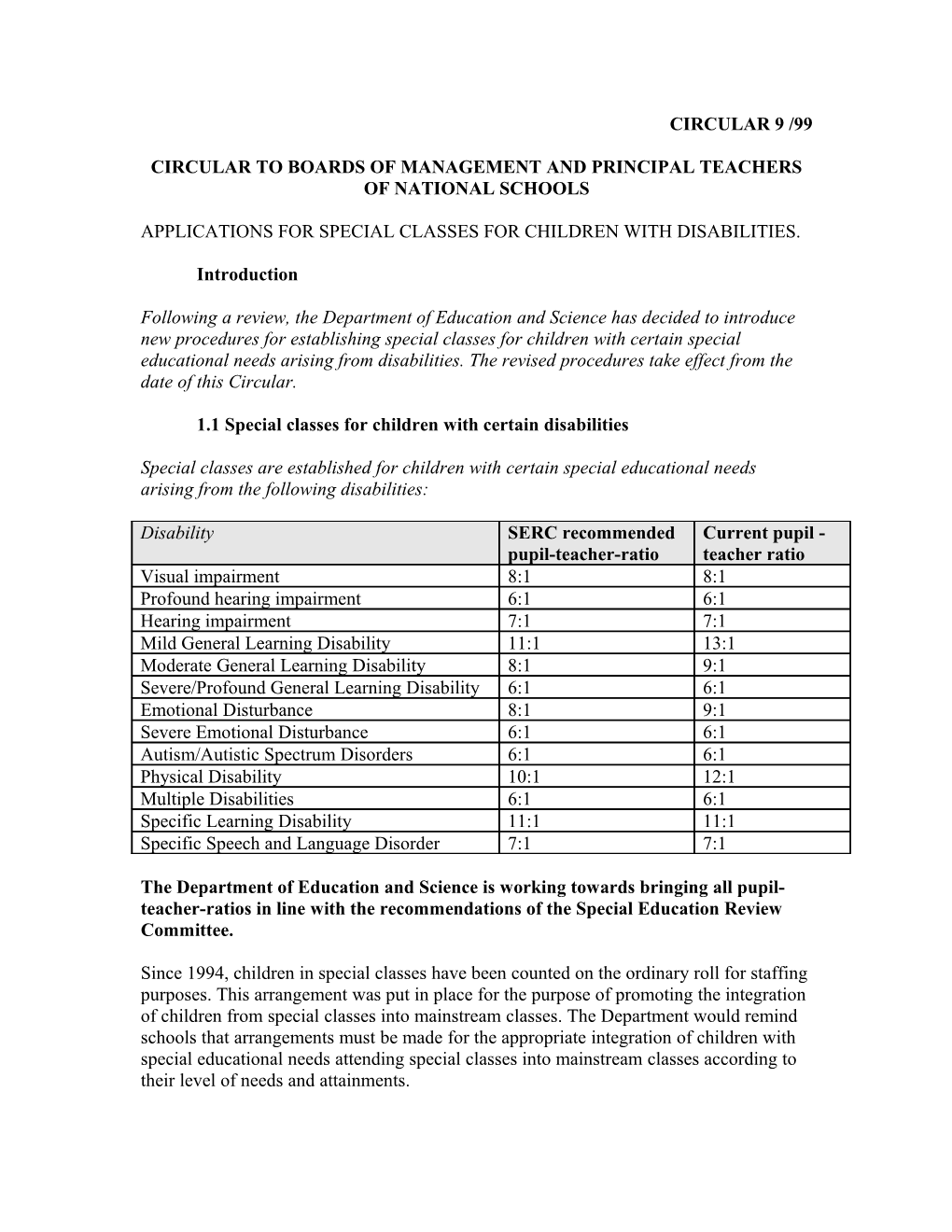 Circular to Boards of Management and Principal Teachers