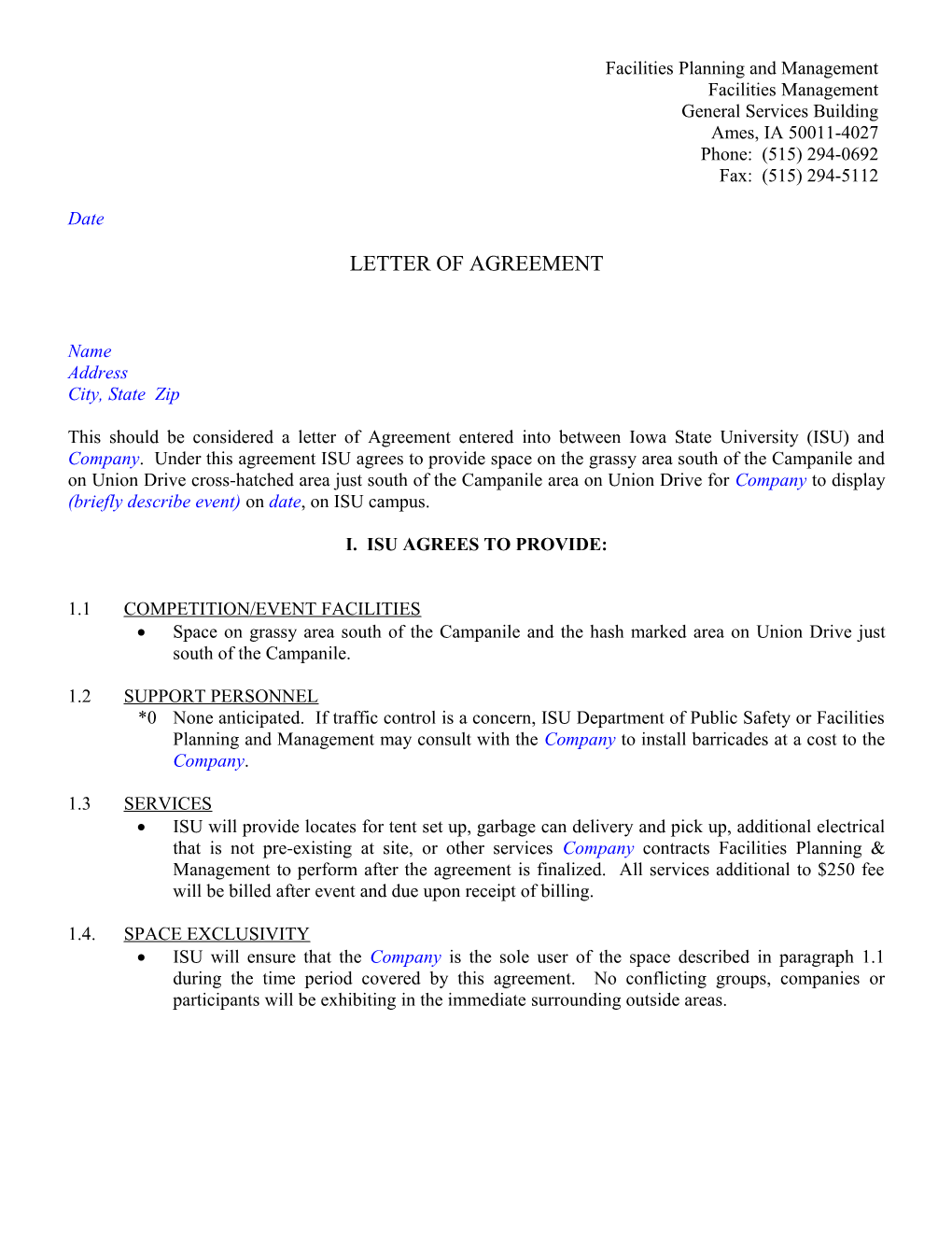 FP&M Letter Template with ISU Logo and Fill-In Fields