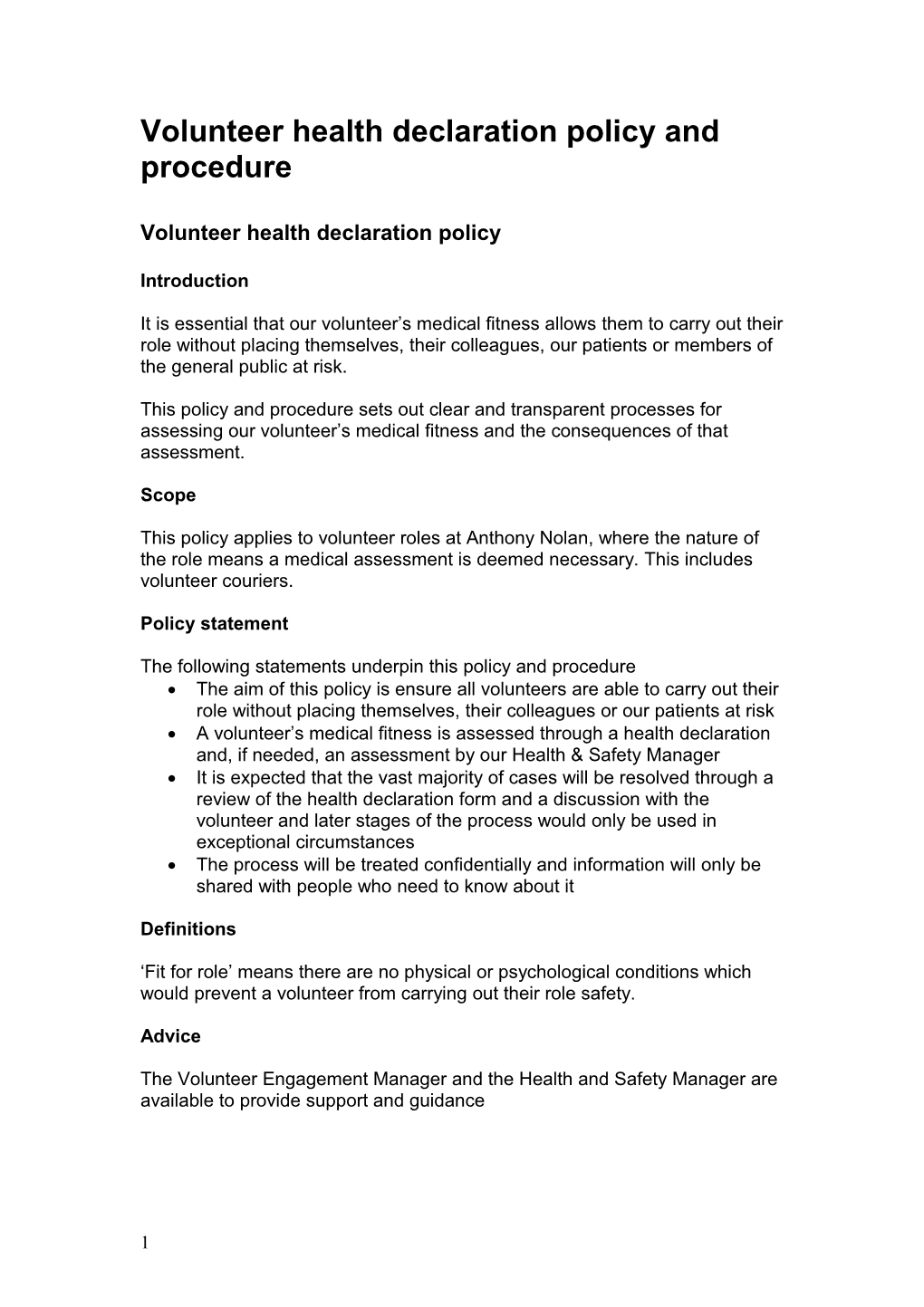 Volunteer Health Declarationpolicy and Procedure