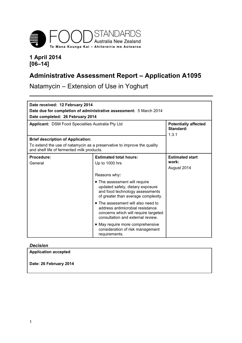 Administrative Assessment Report Application A1095