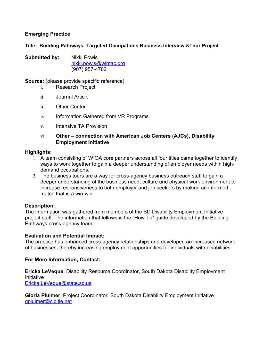 Title: Building Pathways: Targeted Occupations Business Interview &Tour Project