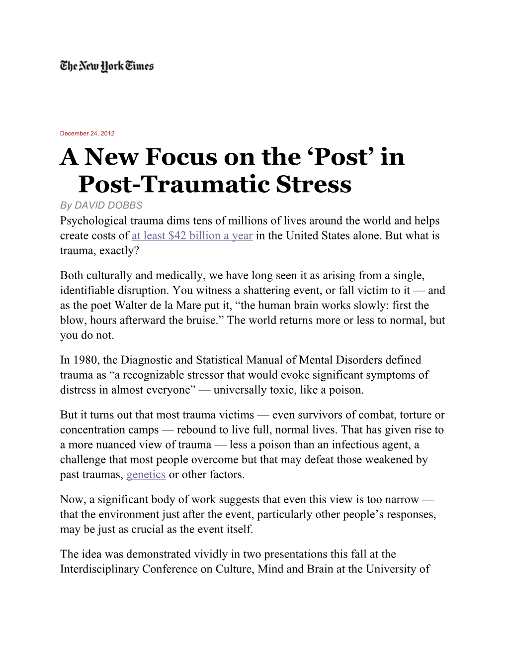 A New Focus on the Post in Post-Traumatic Stress