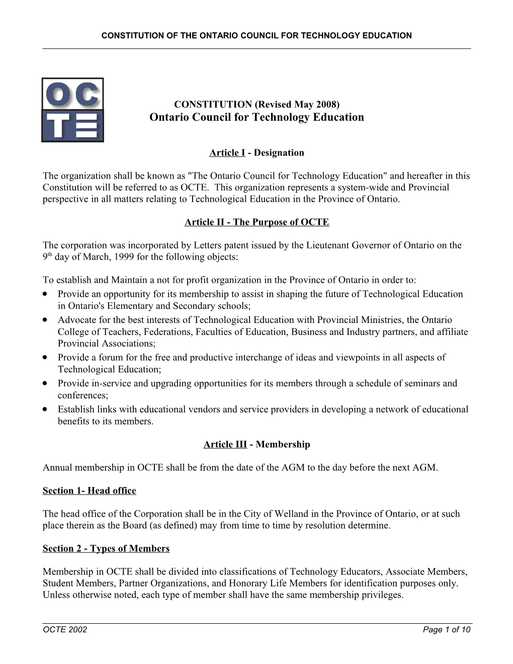 Constitution of the Ontario Council for Technology Education
