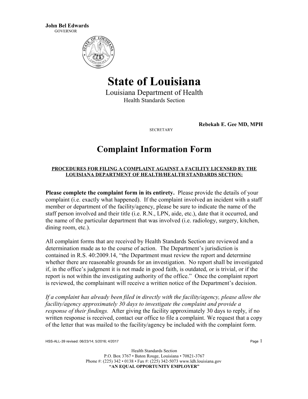 Procedures for Filing a Complaint Against a Facility Licensed by the Louisiana Department