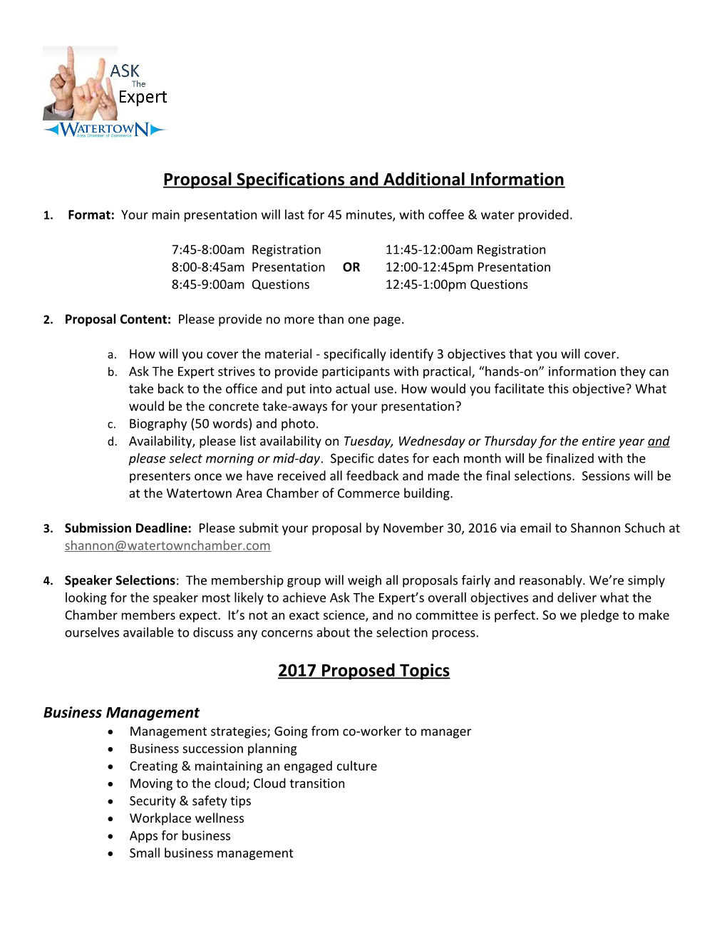 Proposal Specifications and Additional Information