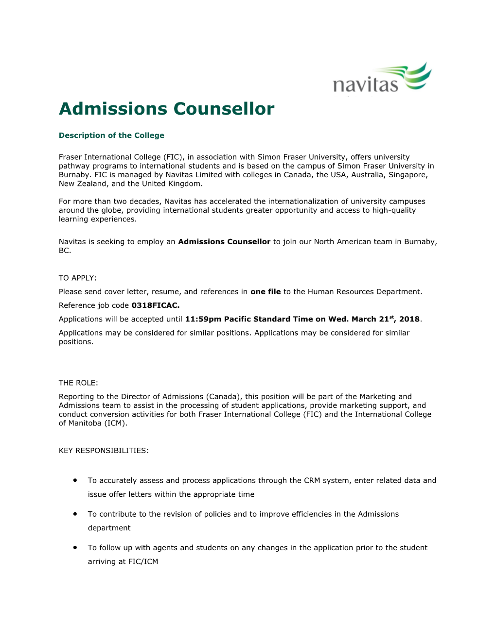 Admissions Counsellor