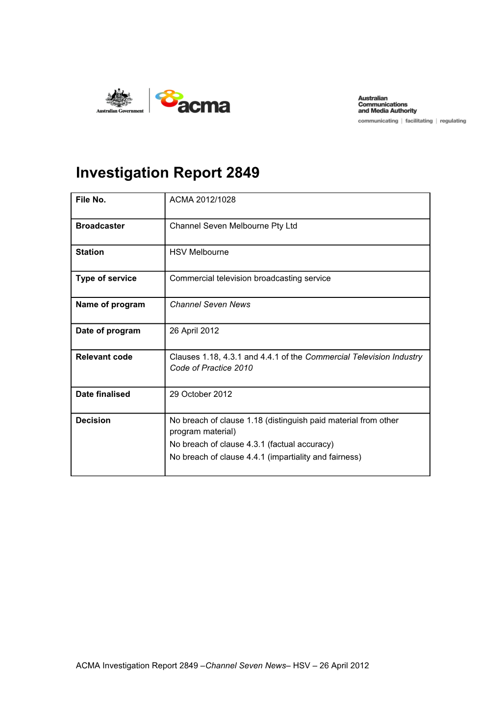 HSV7 Melbourne - ACMA Investigation Report 2849